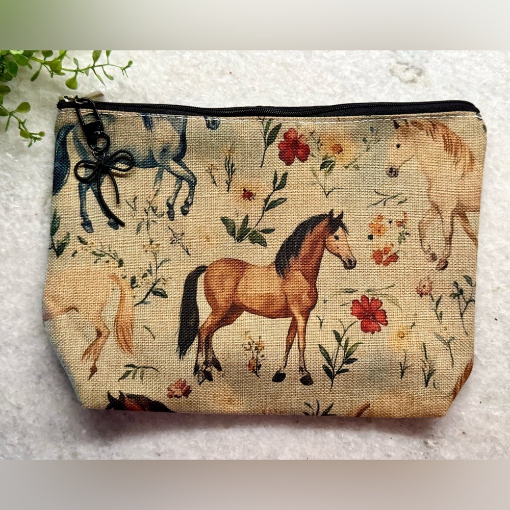 New Horses & Flowers Makeup Cosmetic Tech Pencil Zippered Bag w/ Bow Charm - 10” - Picture 3 of 8
